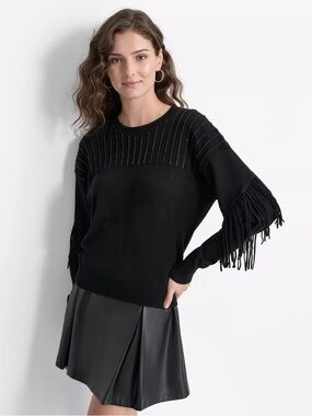 DKNY Women's Round-Neck Embellished Fringe-Trim Black Sweater